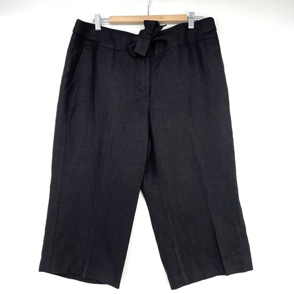 Talbots Black Irish Linen Wide Leg Cropped Dress Pants Trousers Size 16P Bow - Picture 1 of 10